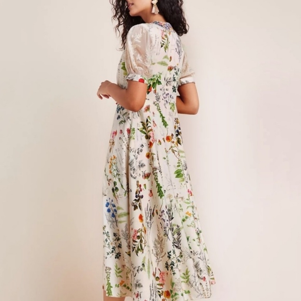ANTHROPOLOGIE Cream Donna Indian Floral Leaves Bohemian Midi Dress Size Large - Picture 2 of 15